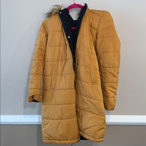 Reversible coat yellow/orange and black with hood